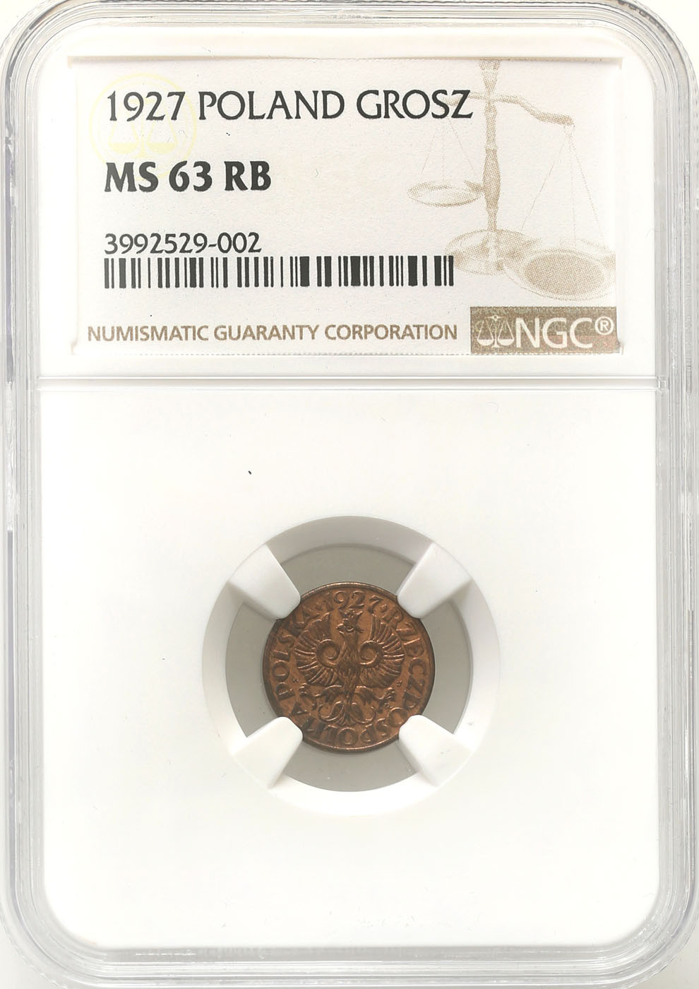 II RP. 1 grosz 1927 NGC MS63 RB - rzadszy rocznik